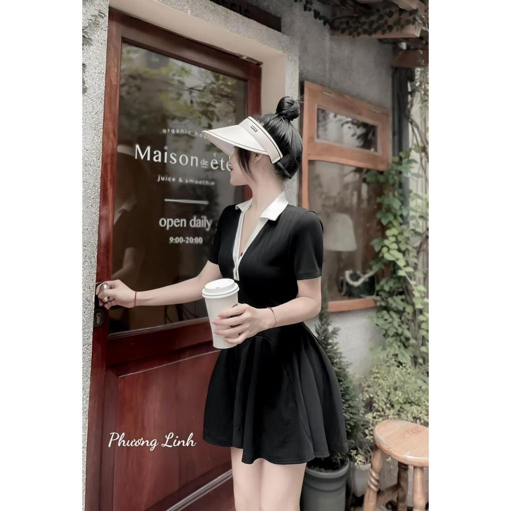 Đầm xoè phối trụ nút cổ tim phom ngắn chất thun gân thích hợp mặc đi làm đi chơi phù hợp với mọi phong cách