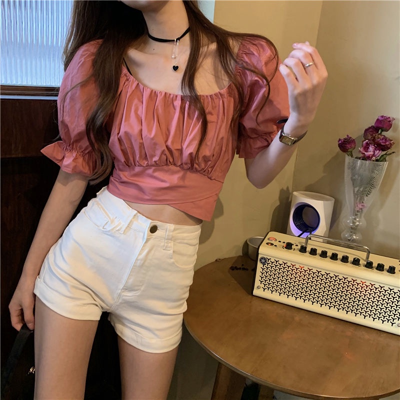 AMOI Áo Kiểu Tay Ngắn Cổ Vuông Thiết Kế Đan Dây Thời Trang Cho Nữ