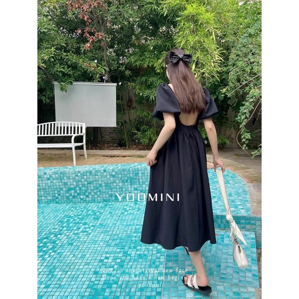 Đầm gấm xốp tay bồng tiểu thư - hở lưng mix chun