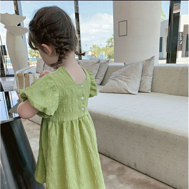 Đầm bé Gái Dáng Xòe , Tay Bồng , Phối Ren Trắng, Chất Xô Mềm Mát