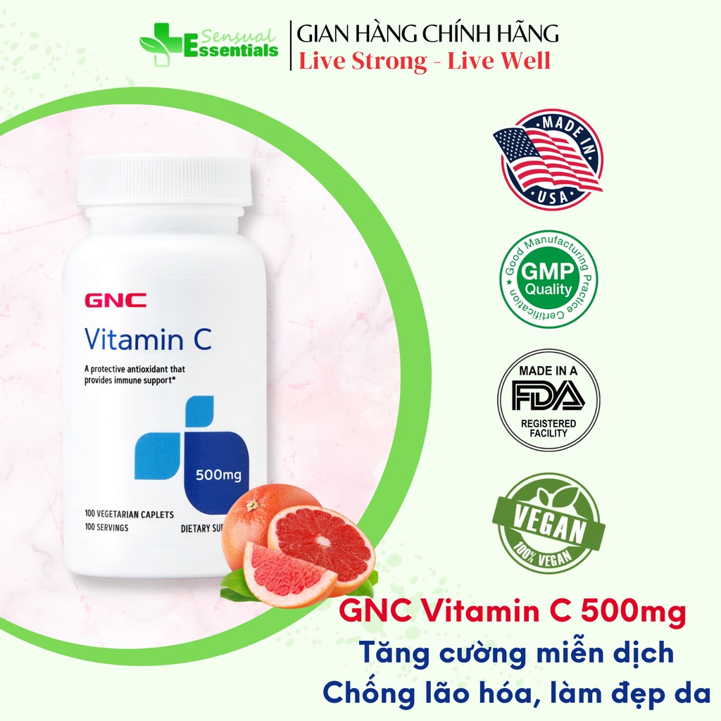 [CHÍNH HÃNG] GNC Vitamin C 500mg, bổ sung vitamin C hữu cơ, nụ hoa tầm xuân, tăng cường đề kháng, ch