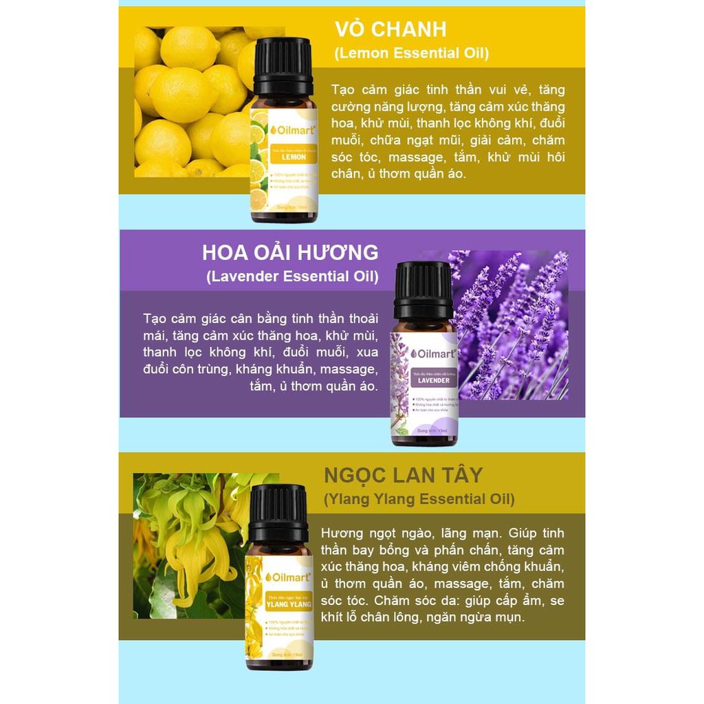 Tinh Dầu Thiên Nhiên Nguyên Chất 100% Oilmart 15ml, Tinh dầu xông phòng, đuổi muỗi, khử mùi