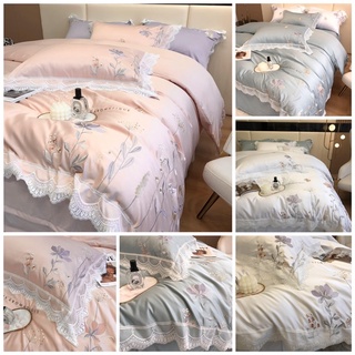 Bộ chăn ga gối Lụa Silk thêu hoa viền ren 3 màu