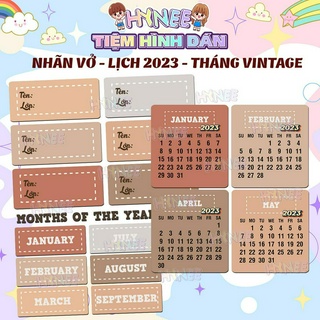 Nhãn vở classic, lịch 2023 vintage, sticker tháng - nhãn tập cắt sẵn dùng dán sổ, tập, buller journal