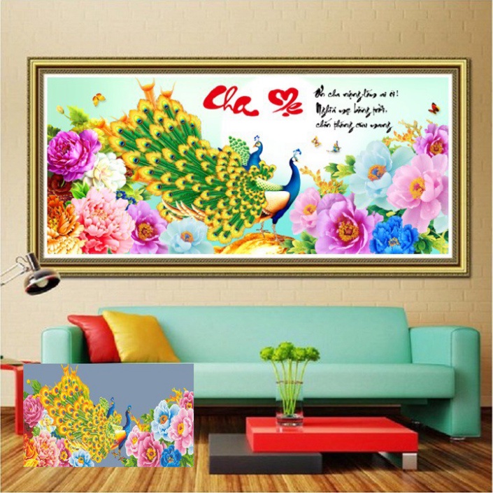 (Tặng thêm bút đính) Tranh đính đá Cha Mẹ chim công LV166 - Kích thước : 105x50cm | BigBuy360 - bigbuy360.vn