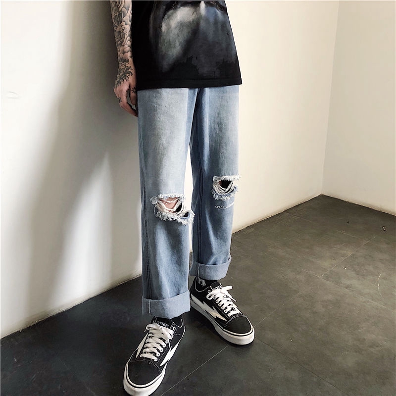 [Miễn Phí Vận Chuyển] Quần Denim Rách 237018Quần Jean Ống Đứng Phong Cách Hip hop Dễ Phối Đồ Cho Nam Nữ