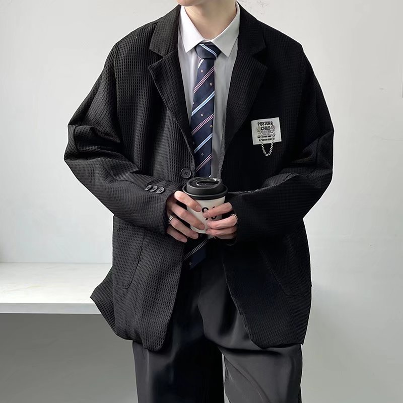 ♞AFF LIGA♞ Áo khoác blazer tay dài dáng rộng 1 hàng nút có túi áo màu đen trắng trơn thời trang Hàn Quốc đơn giản cho nam