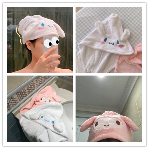 Khăn Tắm Trùm Đầu Vải Lông Cừu San Hô Nhanh Khô Đính Tai Thỏ Dễ Thương Cho Nữ