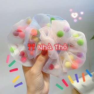 Buộc tóc scrunchies pom pom cầu vồng màu trắng
