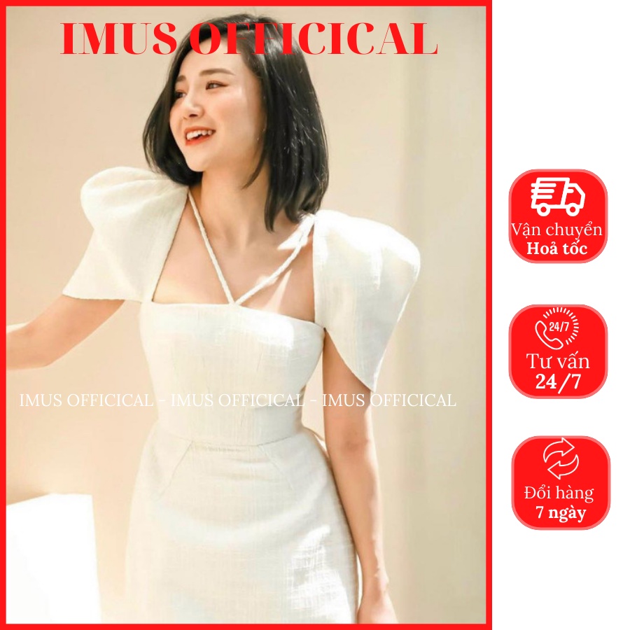 Đầm trắng linen thiết kế chéo dây dáng tay lạ chít eo - Ảnh thật