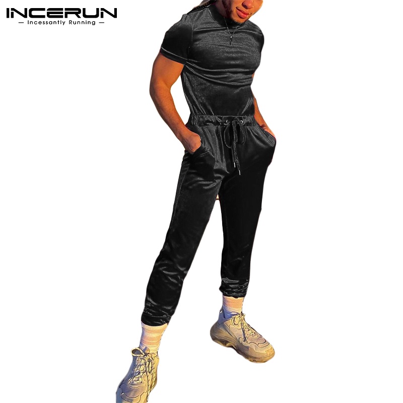 Bộ áo liền quần INCERUN vải nhung cổ tròn ngắn tay dáng rộng thời trang mùa hè dành cho nam 2 màu sắc lựa chọn