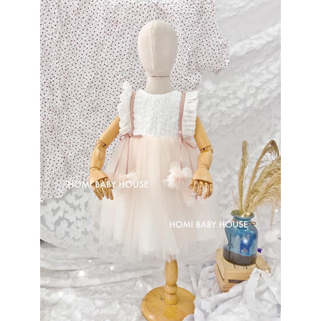 Váy công chúa cho bé gái Homi Baby House đầm cho bé trắng hồng 2 nơ bông