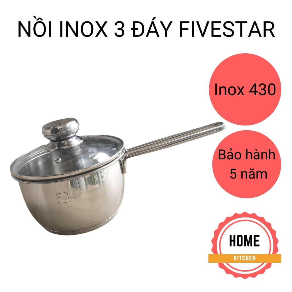 Nồi inox 3 đáy cao cấp Fivestar 16cm, Nồi inox bếp từ có tay cầm dài, nắp kính cường lực chịu nhiệt. Bảo hành 5 năm