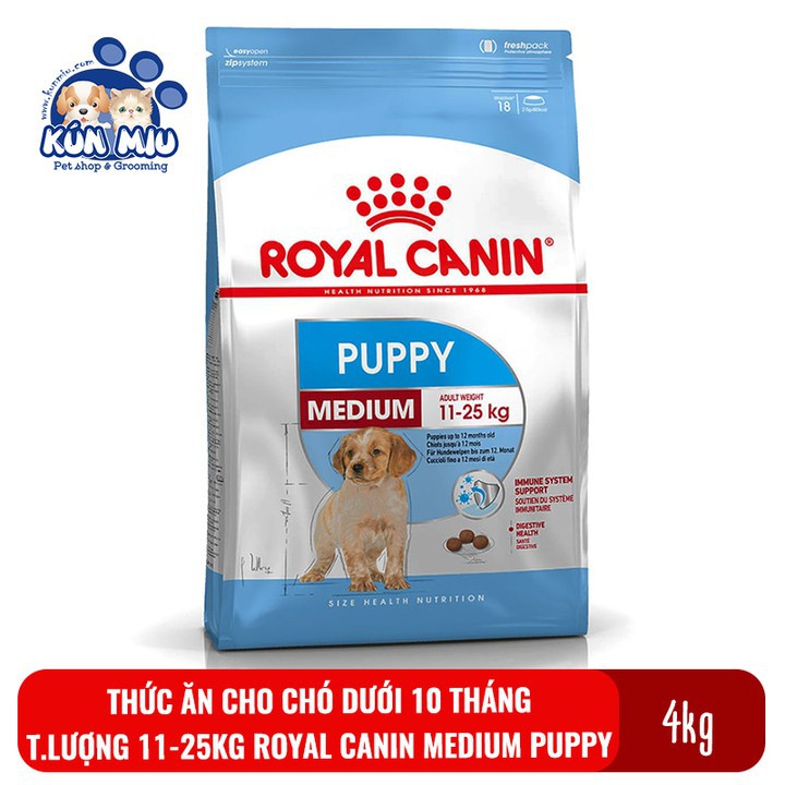 Thức ăn cho chó con Royal canin medium puppy 4kg dưới 10 tháng, khi trưởng thành trọng lượng 11-25kg (giao hàng nhanh)