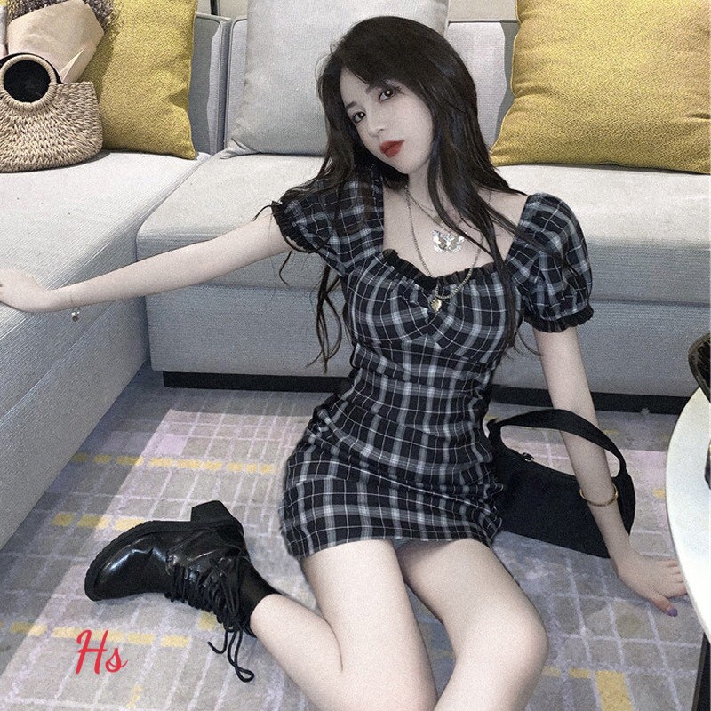 Váy Kẻ Caro Đen Viền Bèo Ngực Tay trong bộ sưu tập váy nữ đẹp 2021, Set Váy xinh Chất Liệu Thô ôm body - HT STORE | BigBuy360 - bigbuy360.vn