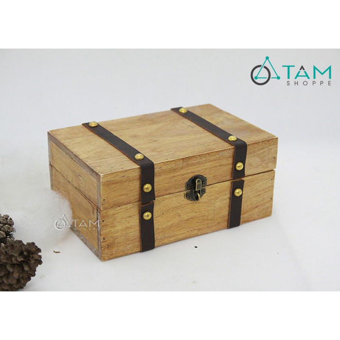 Rương gỗ mini cổ điển viền da đinh tán số 18