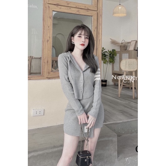 Set len Thom áo mũ chân váy vạt chéo năng động