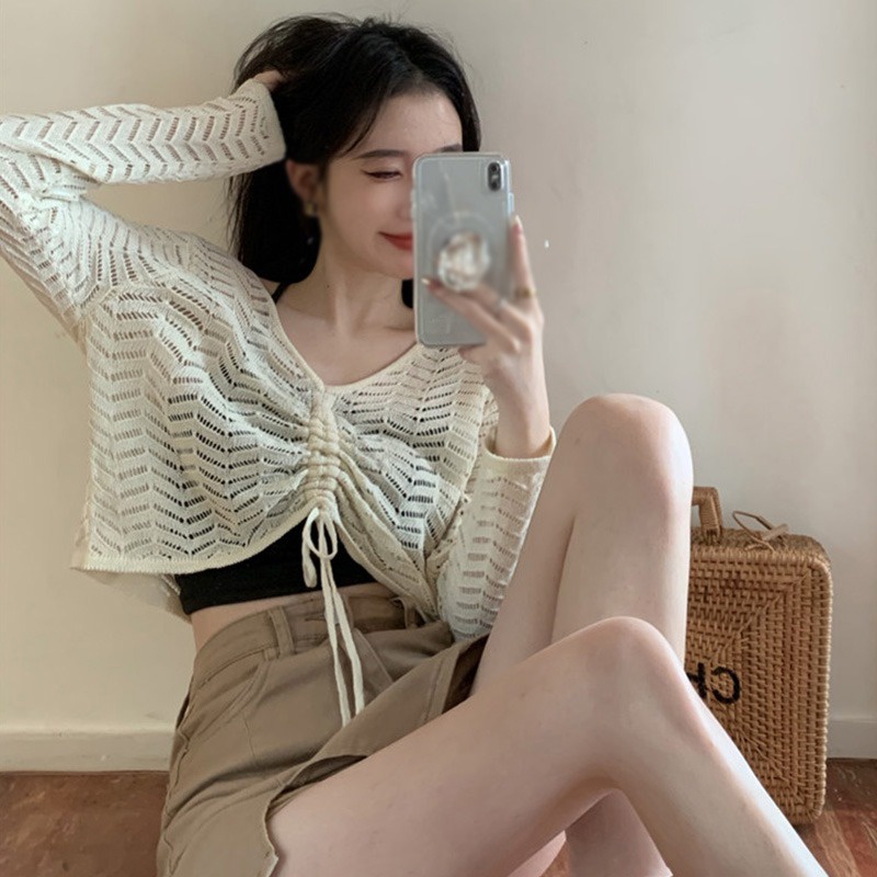 Áo Croptop Dệt Kim Tay Dài Chống Nắng Màu Sắc Trơn Phối Dây Rút Phong Cách Vintage Hàn Quốc Cho Nữ