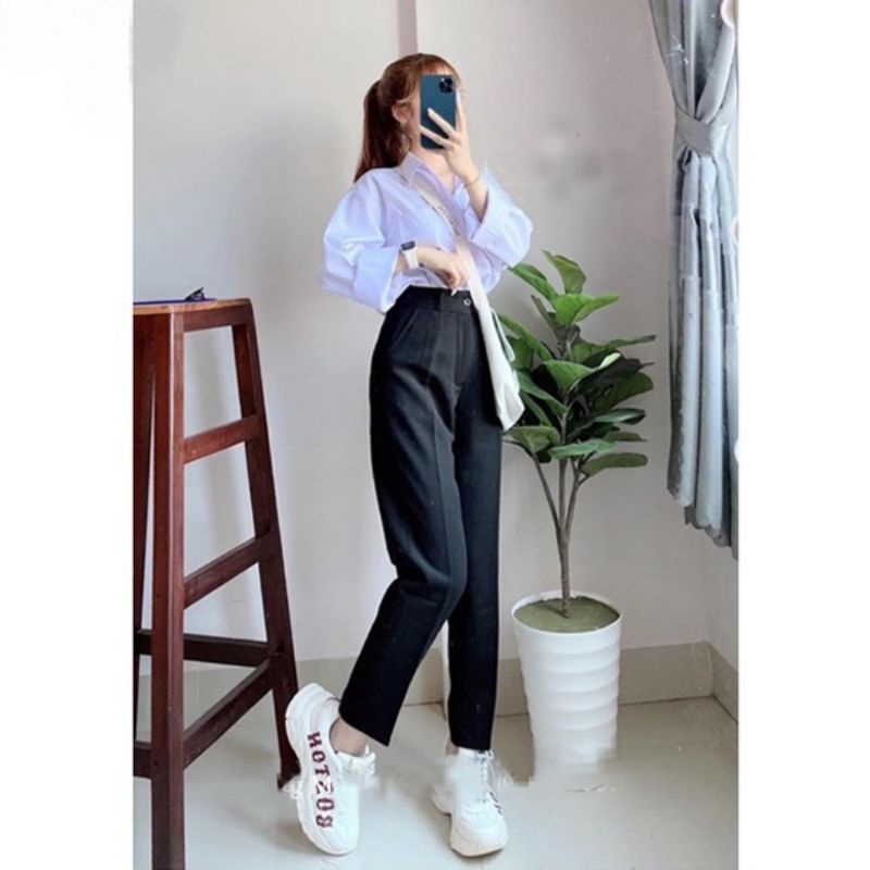 Quần tây baggy đi học nữ màu xanh đen cạp lưng cao có đỉa - Quần vải học sinh dày đáy cao nữ cấp 3 2 phối sơ mi đi học