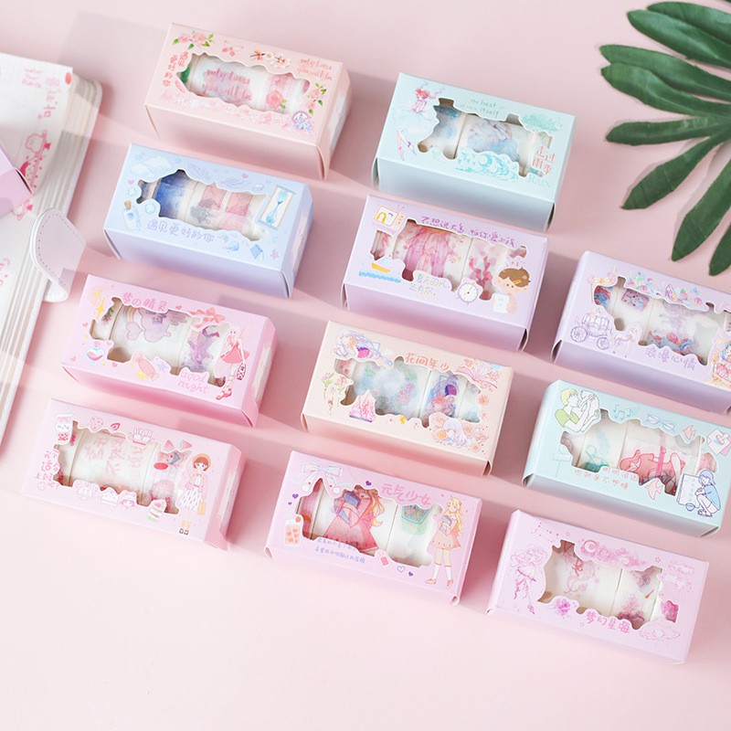 Set 5 Cuộn Băng Dính Washi Tape Cuộn 3m  Nhiều Họa Tiết Đẹp, Độc Đáo Dùng Trang Trí Sổ Tay, Sổ Nhật Ký, Sổ Kế Hoạch