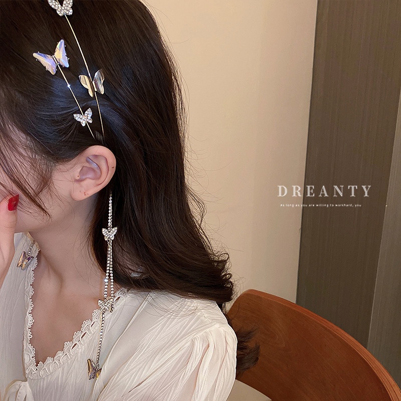 Băng Đô Cài Tóc Đính Đá Hình Bướm Tua Rua Phong Cách Mori Nhật Bản Thời Trang Cho Nữ