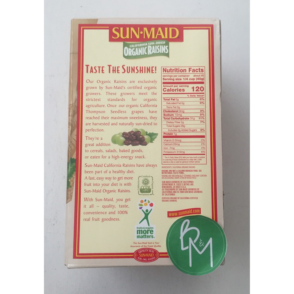 Nho khô tự nhiên hữu cơ Sun-maid Organic Raisins 907g của Mỹ