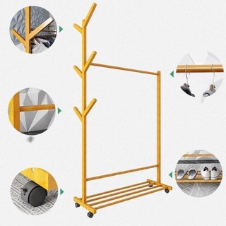 [SALE SẬP SÀN] Cây treo quần áo 2 tầng bằng gỗ cao cấp có bánh xe di động kèm móc treo mũ nón, túi xách đa năng