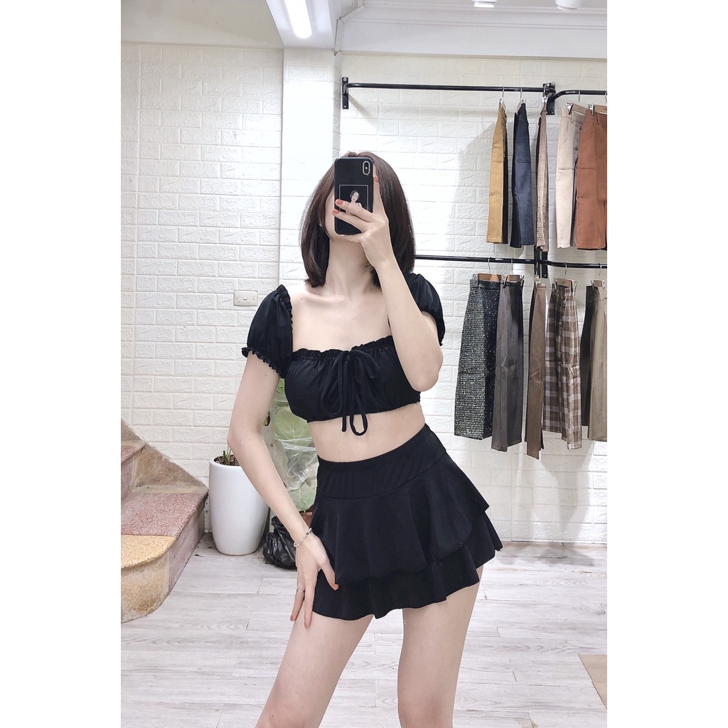 Bikini 2 mảnh Đồ bơi nữ kín đáo tay ngắn bèo kèm váy