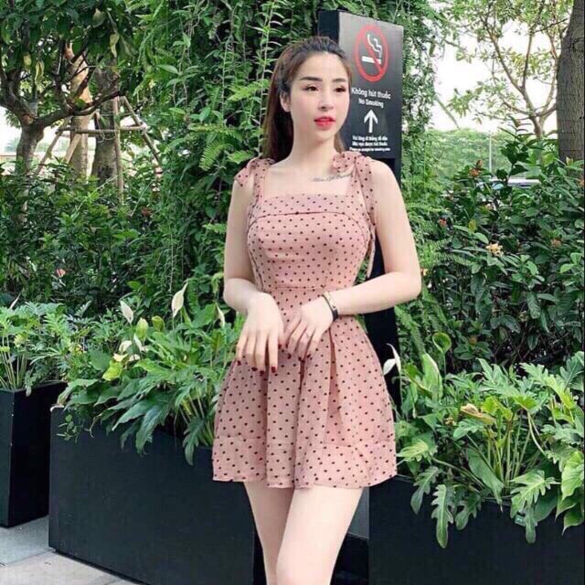 Đầm nữ dáng xòe họa tiết chấm bi cột nơ vai chất đũi bi cao cấp mềm mịn thích hợp mặc đi dự tiệc AM