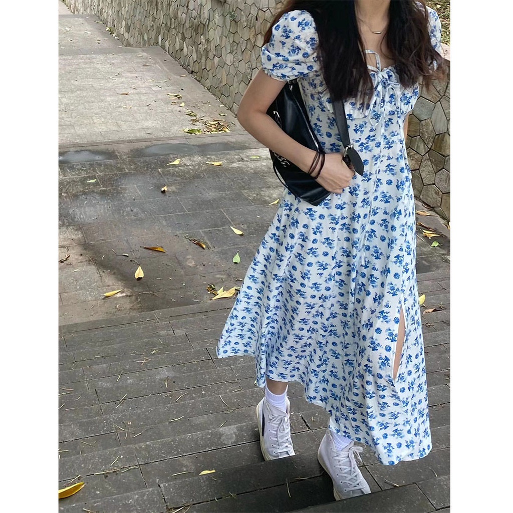 Đầm Dáng Chữ A Cổ Vuông Chiết Eo In Họa Tiết Hoa Phong Cách Hàn Quốc Thời Trang Mùa Hè Xinh Xắn Cho Nữ