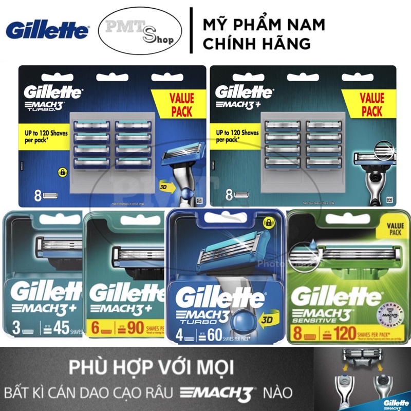 Hộp Lưỡi Dao Cạo Râu Gillette Mach 3 Turbo 3D, Sensitive, Mach3+ vỉ 8 6 4 3 2 cái - Mach3 cao cấp