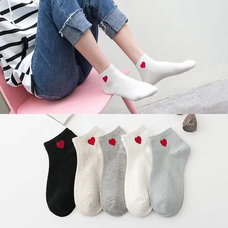 Combo 5 Đôi Vớ Tất Nữ Cổ Ngắn Ulzzang Hàn Quốc Hình Trái Tim - Tất (Vớ) Trái Tim Cổ Thấp