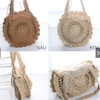 Túi Cói Đi Biển Túi Cói Dáng Tròn Đan Hoa Văn Đẹp Mắt
