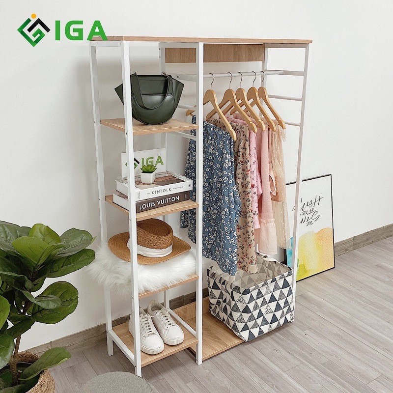 Tủ kệ treo quần áo khung sắt kệ gỗ LHanger GM08
