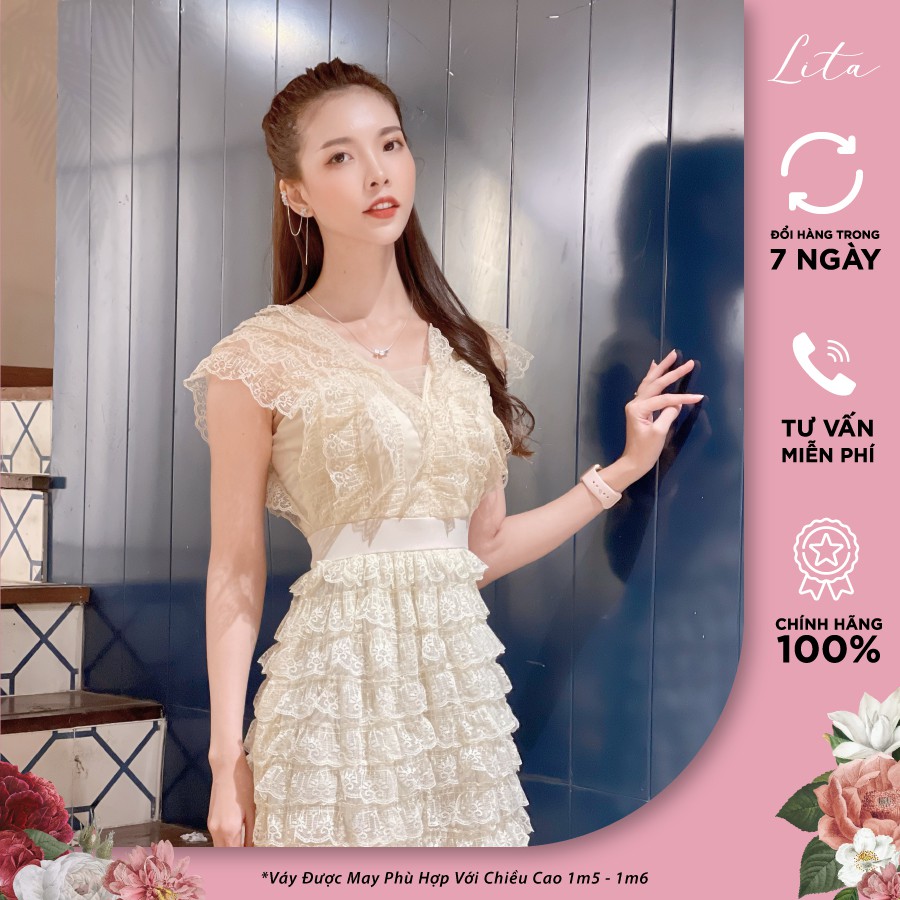 Đầm thiết kế nữ Lita - Đầm dự tiệc ren dáng xòe cổ chữ V cao cấp