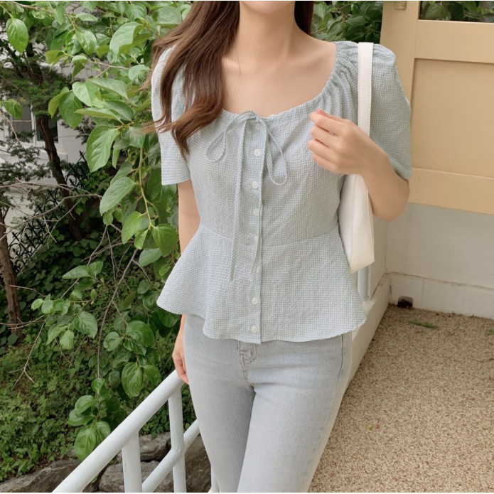 Áo tay ngắn mẫu 44186 cổ chữ U phối dây buộc phong cách Hàn Quốc hàng mới