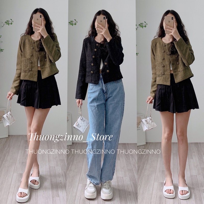 [Ảnh thật/Video]Áo khoác dạ cúc đồng RÊU/Đen sang chảnh Áo khoác dạ tweed Hàn Quốc