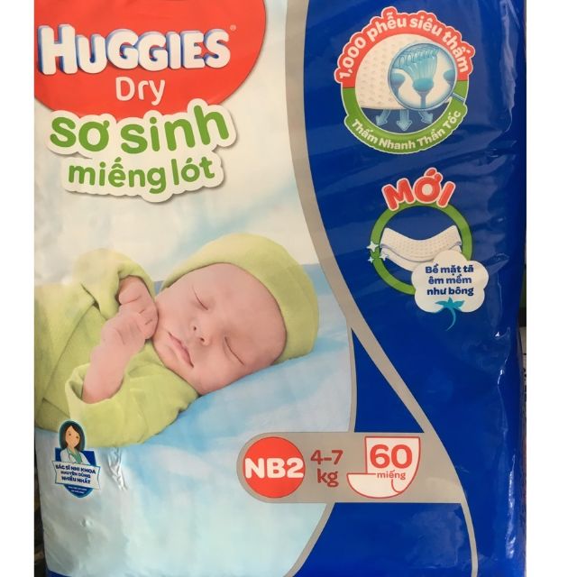 Miếng Lót Sơ Sinh Huggies Dry Newborn 2-60 (60 Miếng)