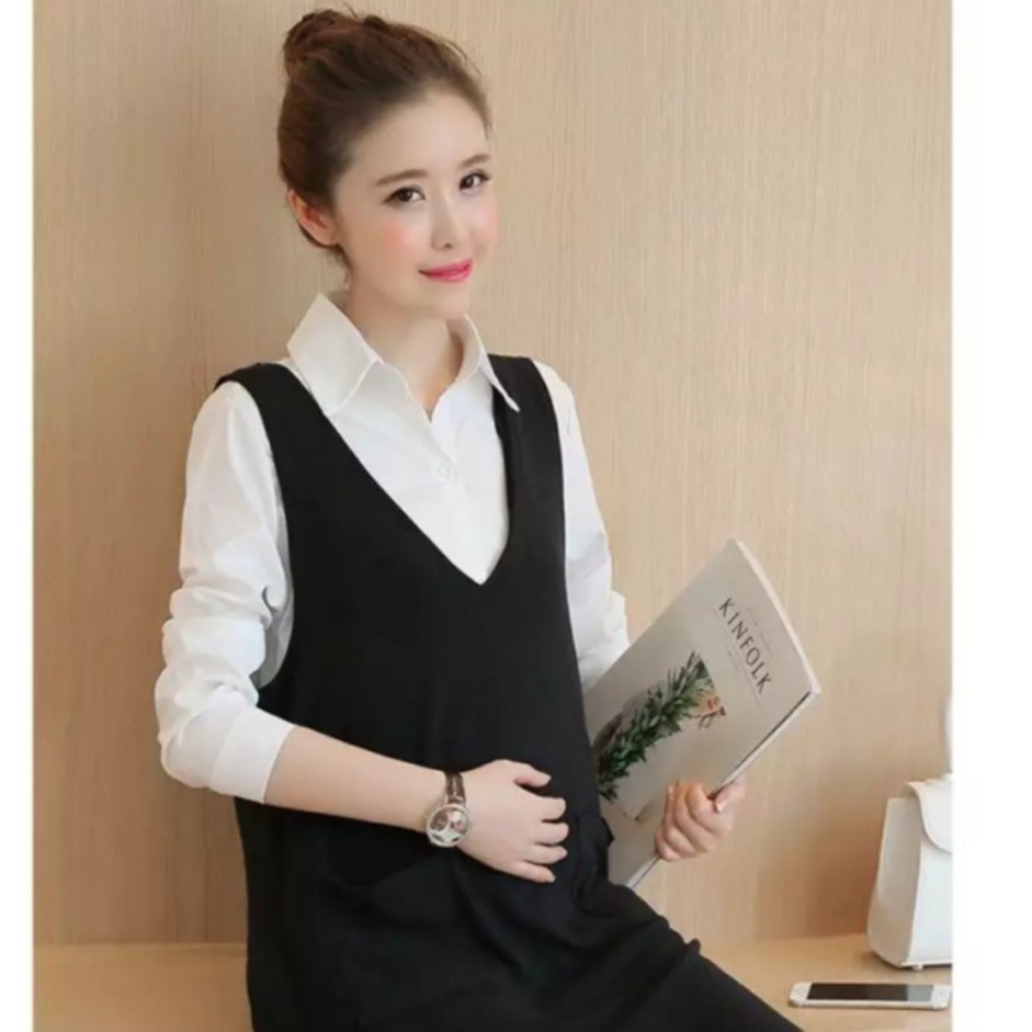Yếm bầu công sở - đầm bầu xinh thiết kế cộc tay màu đen cổ sen đuôi cá - bauxinh