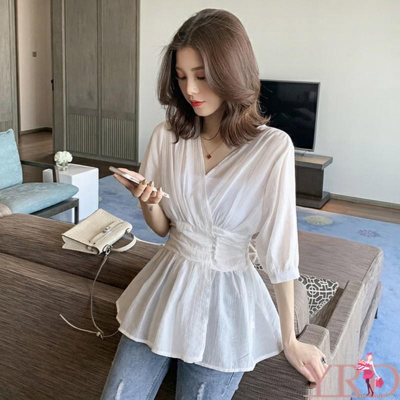 Áo kiểu chất Chiffon màu trơn thiết kế cổ chữ V phong cách Hàn Quốc thanh lịch