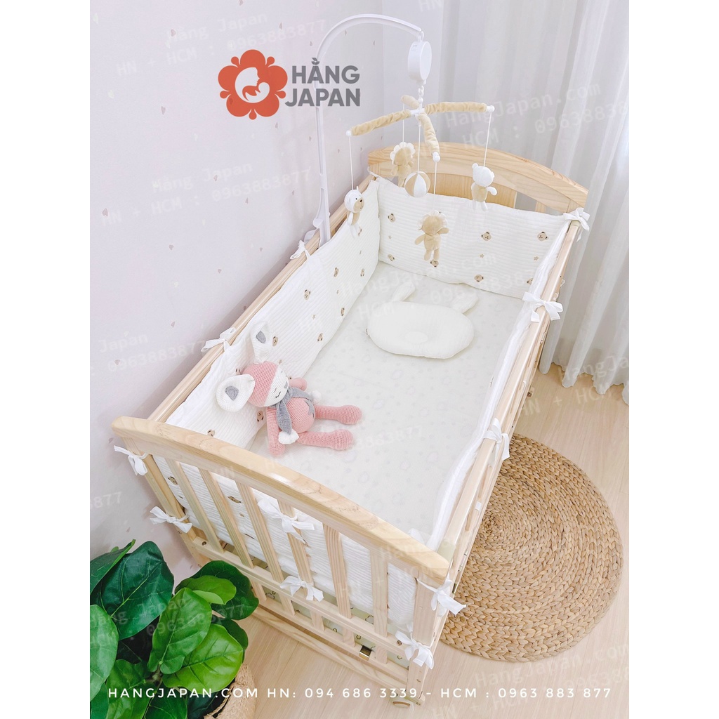 Bộ quây cũi vải 5 in 1 hình gấu kèm ga chun bọc đệm cho bé kích thước 65*125cm