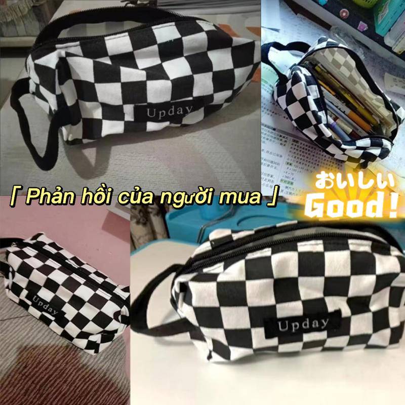 ⭐ iLado ⭐ Túi dễ thương theo chủ đề iLado Nylon đen mạng tinh thể phong cách ca rô túi có dây kéo nhỏ hộp đựng bút ba chiều bút dễ thương có dây kéo văn phòng túi đựng đồ cá nhân Phong cách nữ tính nhẹ nhàng
