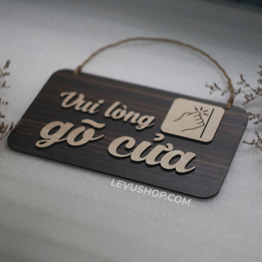 Bảng Gỗ Vui Lòng Gõ Cửa có dây treo trang trí decor vintage