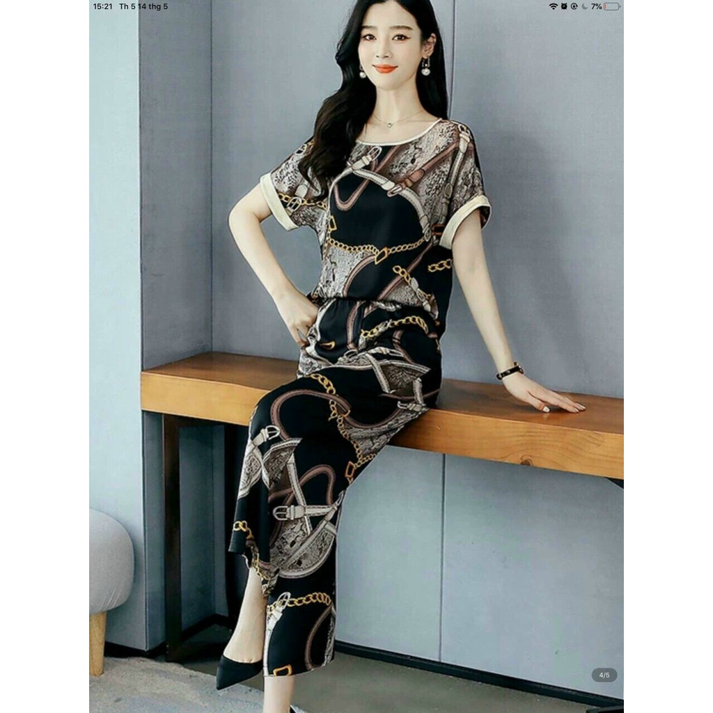 Set Đồ Hoạ Tiết Hoa Bẹt Vai - Bộ Voan Lụa Quần Dài Ống Suông Áo cổ Bẹt Tay Lỡ Cao Cấp Sang Chảnh | BigBuy360 - bigbuy360.vn