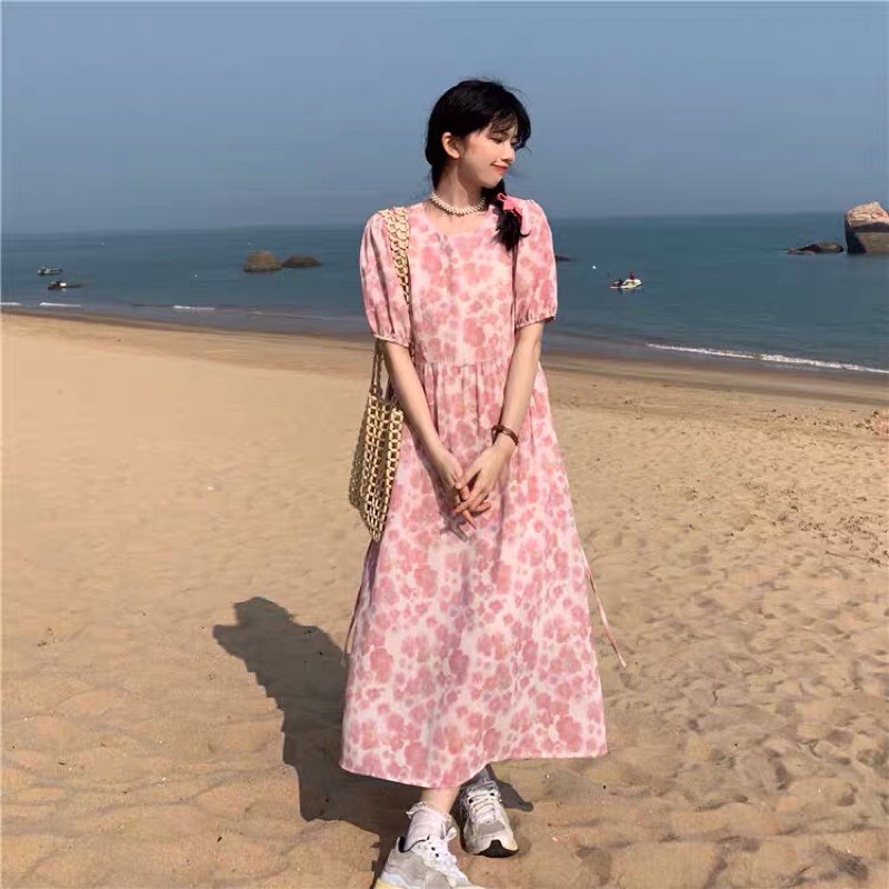 [HÀNG ORDER] Váy Đầm hoa dài bánh bèo màu hồng và xanh phong cách Hàn Quốc AH1115