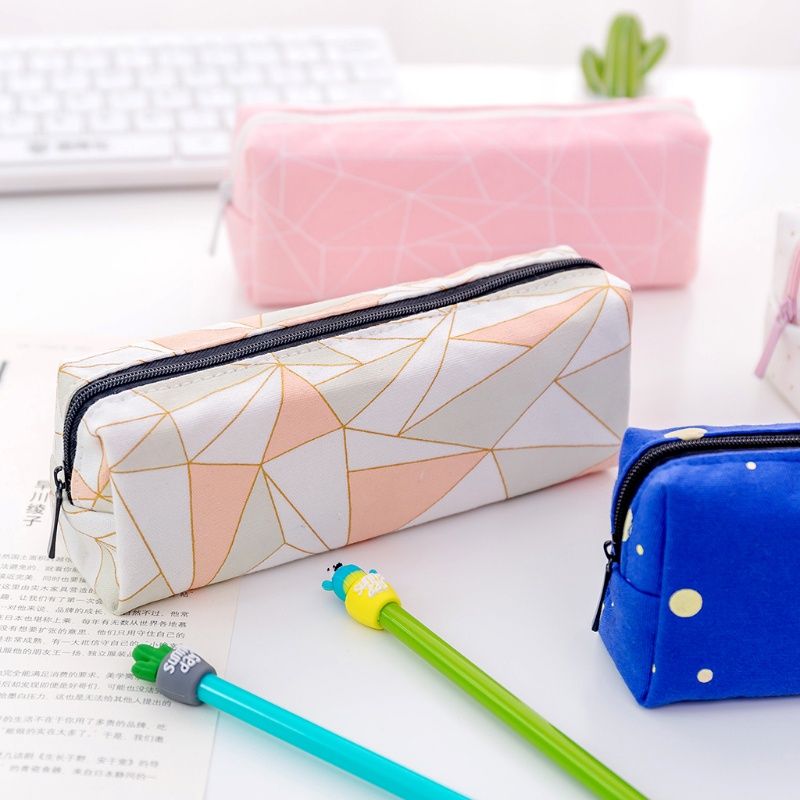 Túi Đựng Bút Bằng Vải Canvas Họa Tiết Hình Học Xinh Xắn