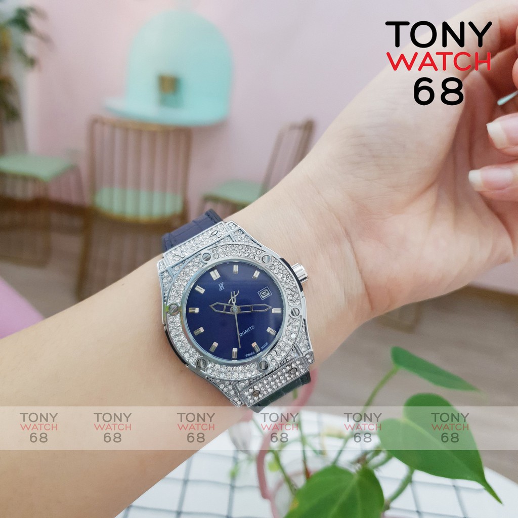 Đồng hồ nữ HULO mặt xanh dây cao su giả da mặt đính đá pha lê chống nước chính hãng Tony Watch 68 -Hàng nhập khẩu