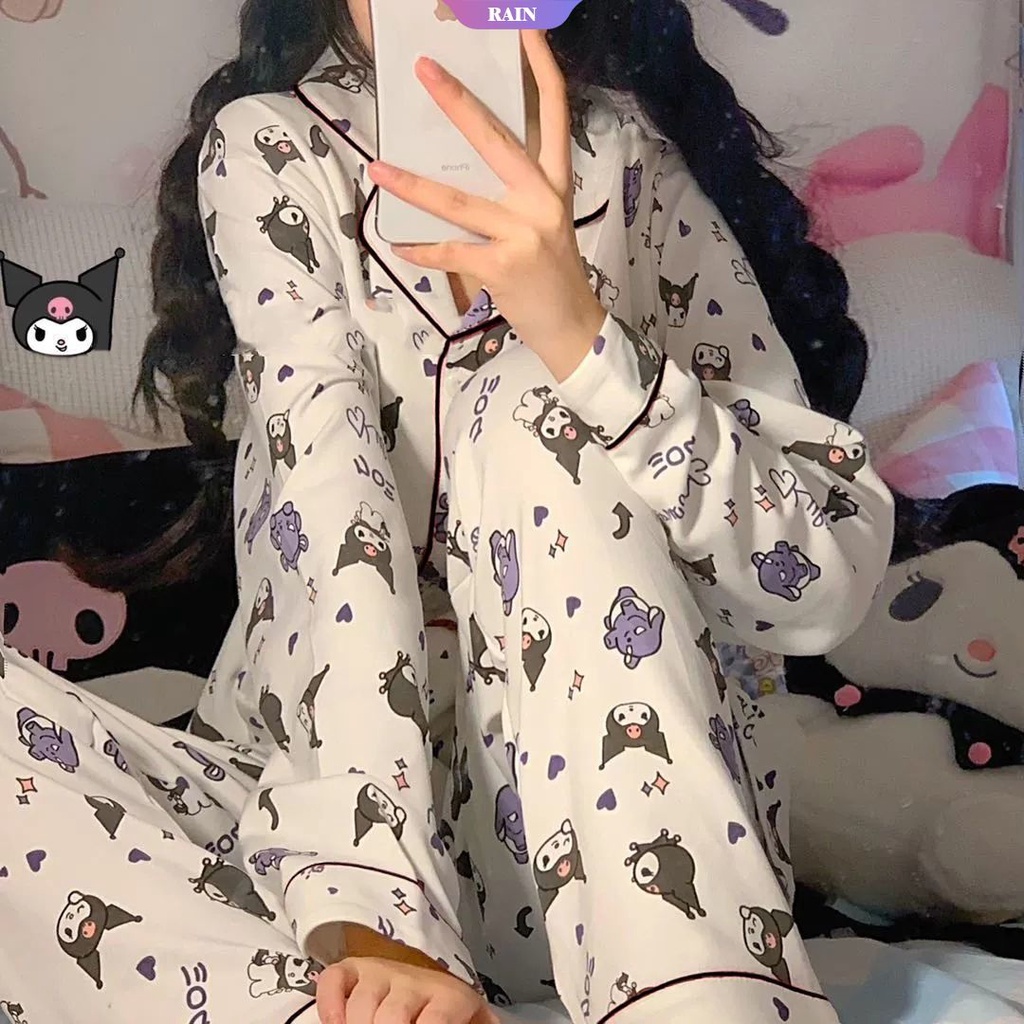 Bộ Đồ Ngủ Hai Mảnh Áo Cardigan Tay Dài In Họa Tiết Hoạt Hình Kuromi Dễ Thương Cho Nữ