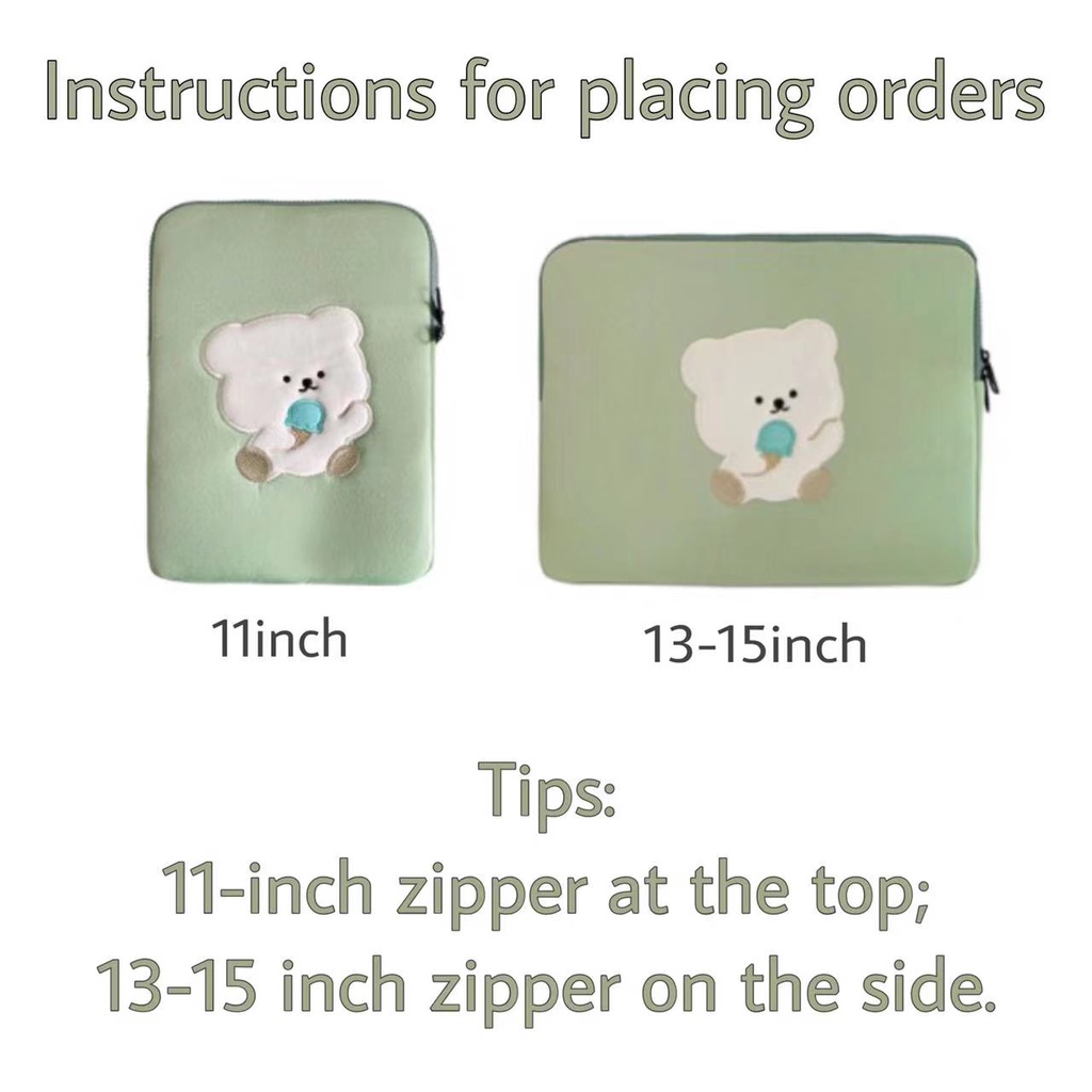 Túi đựng laptop hình cây kem/gấu màu xanh lá 13/15 inch tiện dụng