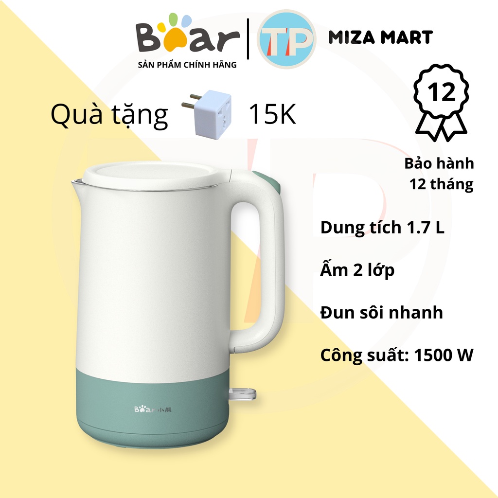 Ấm đun siêu tốc Bear ZDH-Q17B1, dụng tích 1.7 lít, 3 lớp, sử dụng inox 304 cao cấp